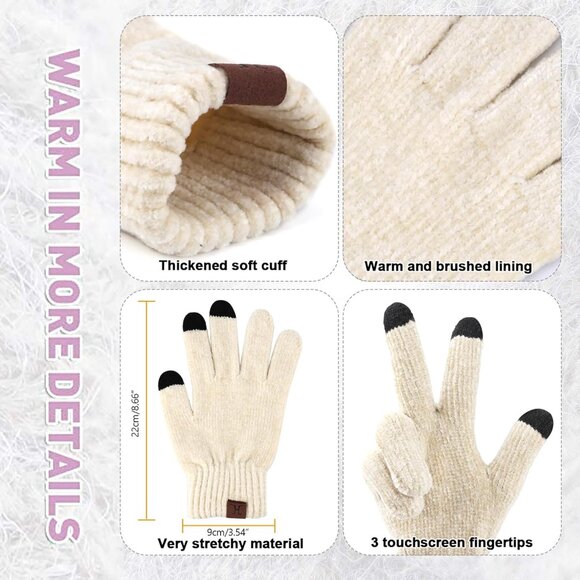 Winter Beanie Hat Scarf Gloves Set for Women and Men White Warm Knit Gift Idea - Picture 4 of 6